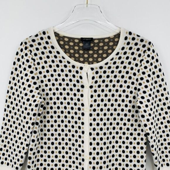 Ann Taylor Small Black Gold Polka Dot 3/4 Sleeve Button Down Cardigan Sweater - Picture 2 of 6